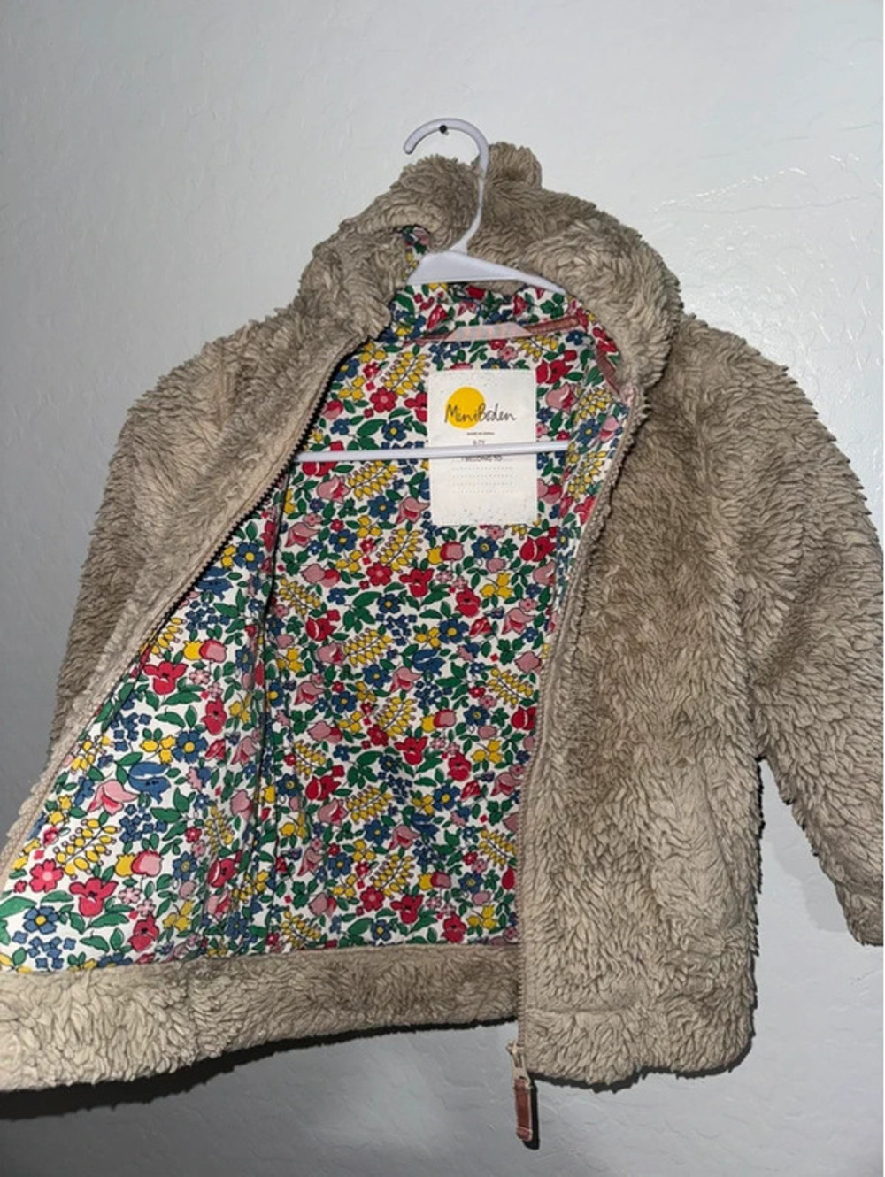 Mini Boden 6y sherpa bear floral lined zip winter jacket